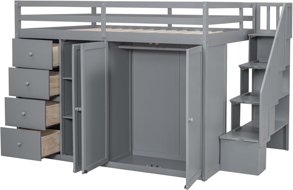 Gray Wooden Loft Bed with Storage Space G307