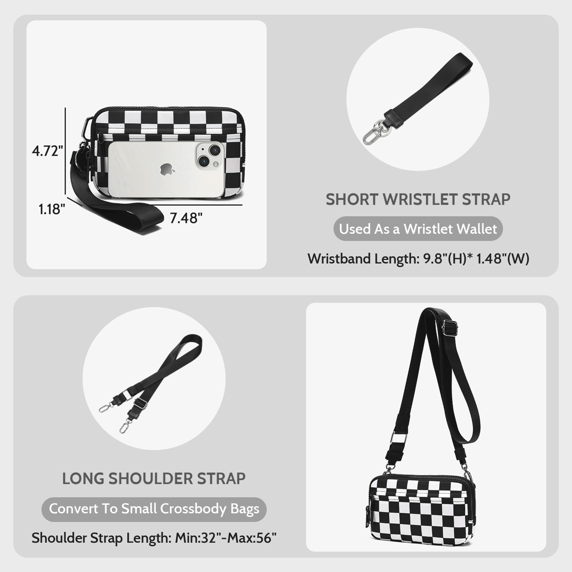 Ounamei Quilted Nylon Wristlet Crossbody Wallet for Women 4-Zipper Small Bag with RFID Protection & Adjustable Strap