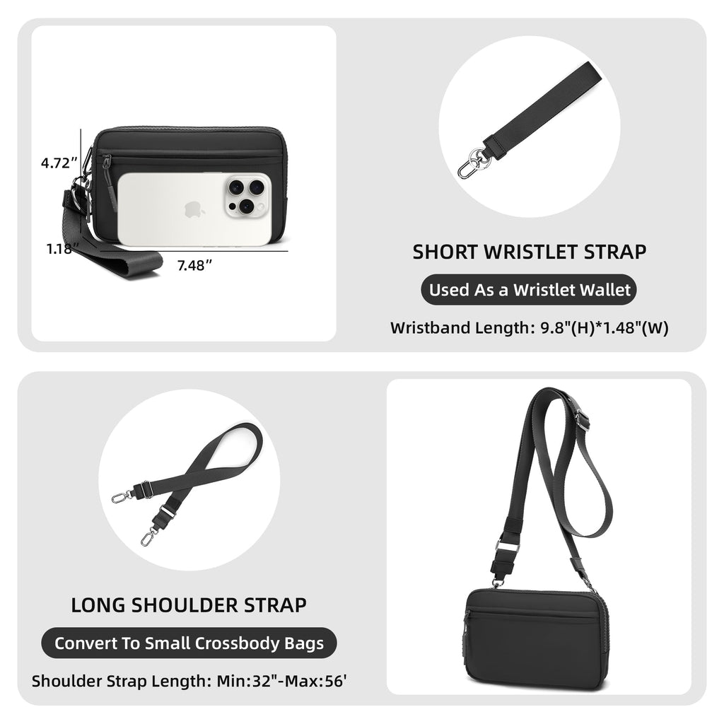 Ounamei Quilted Nylon Wristlet Crossbody Wallet for Women 4-Zipper Small Bag with RFID Protection & Adjustable Strap