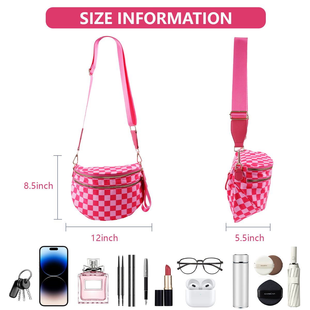 Ounamei Checkered Crossbody Bum Bag for Women Large Capacity Belt Bag for Moms & Everyday Travel