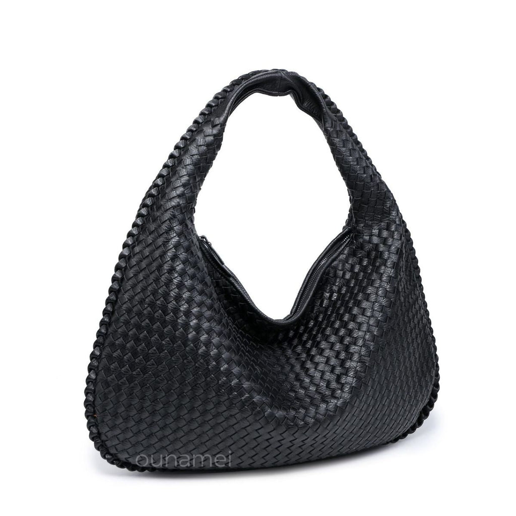 Ounamei Vintage Woven Vegan Leather Hobo Bag Large Shoulder Handbag for Women